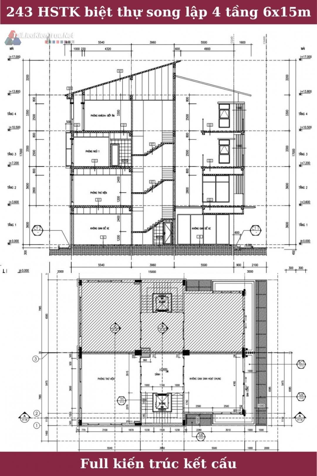 243. Hồ sơ thiết kế biệt thự song lập 4 tầng 6.5x15m full kiến trúc, kết cấu