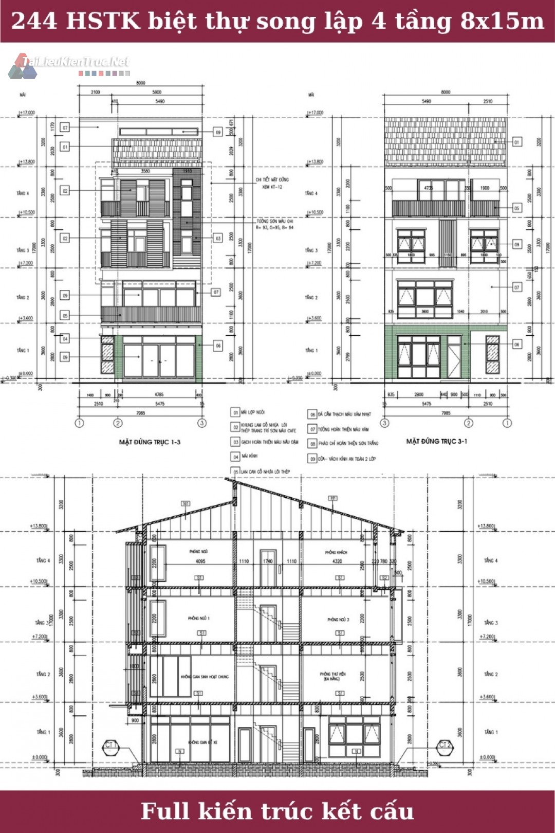 244. Hồ sơ thiết kế biệt thự song lập 4 tầng 8x15m full kiến trúc kết cấu