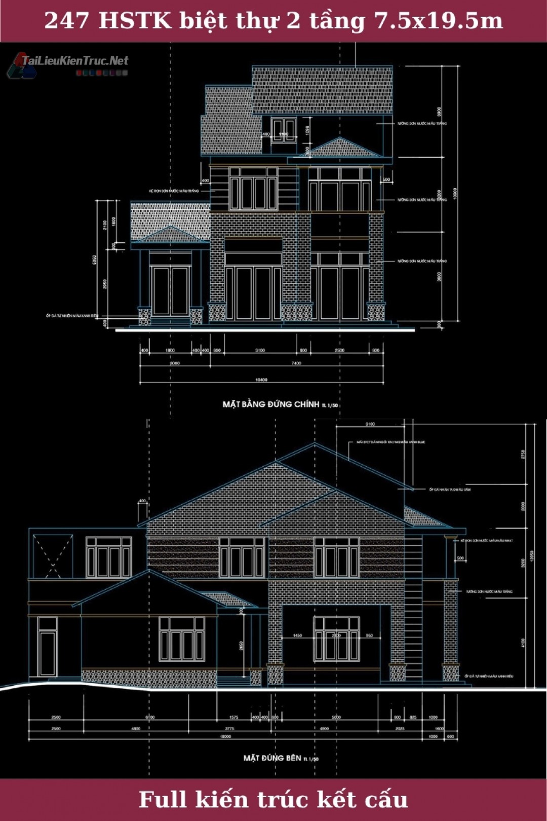 247 Hồ sơ thiết kế biệt thự 2 tầng 7.5x19.5m full kiến trúc kết cấu