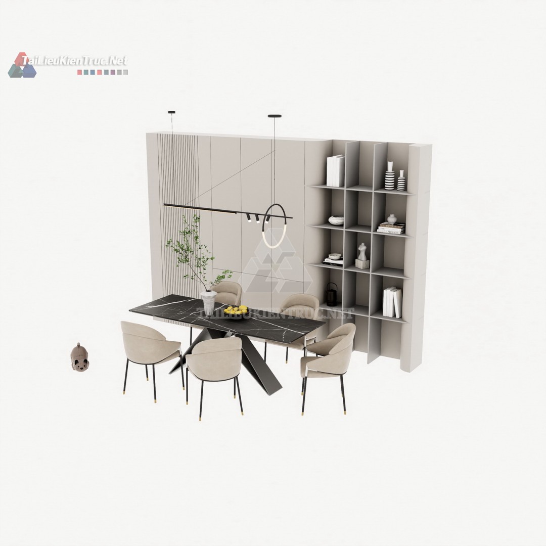 180 Bộ Mô Hình SketchUp Phòng Ăn Hiện Đại Với Bàn Đá Đen & Tủ Sách Tích Hợp