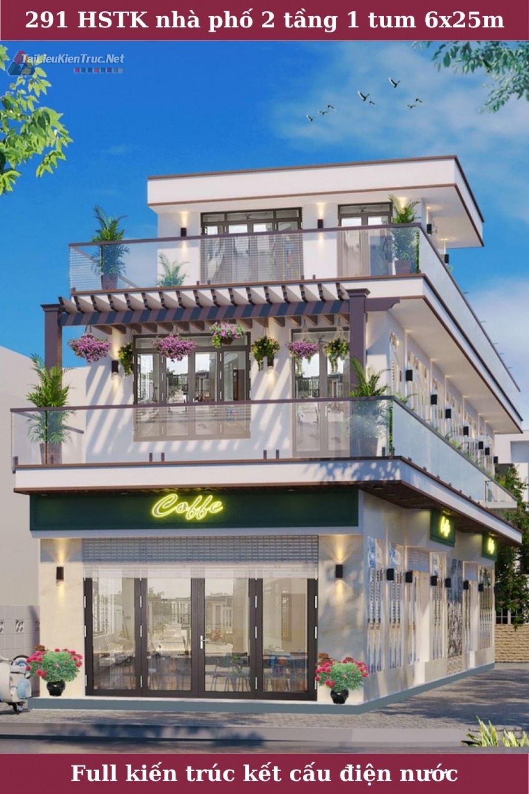 291 Hồ sơ thiết kế nhà phố 2 tầng 1 tum 6x25m full kiến trúc kết cấu điện nước