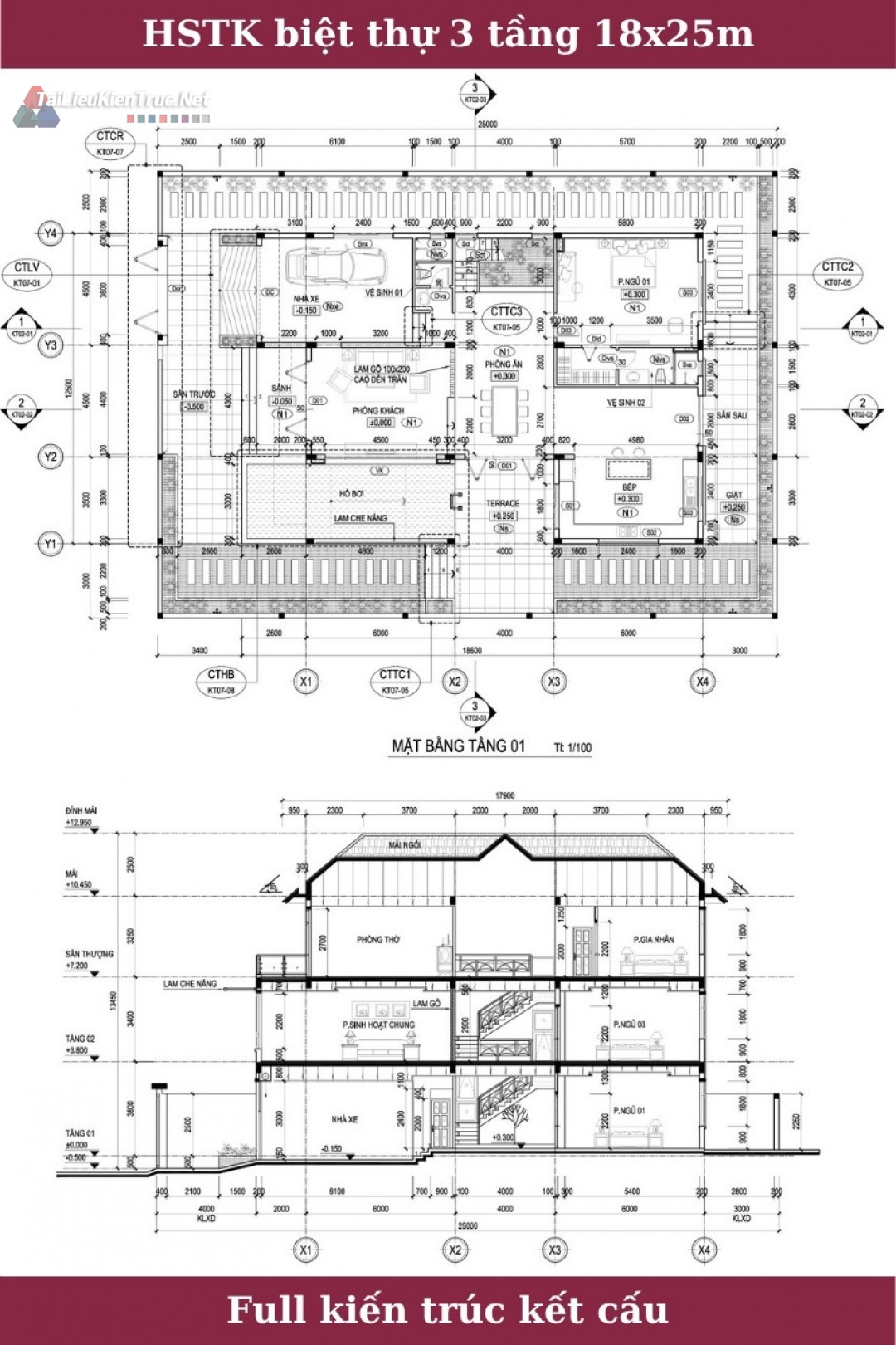 Hồ sơ thiết kế thi công biệt thự đẹp kích thước 18x25m 0182 full kiến trúc, kết cấu 