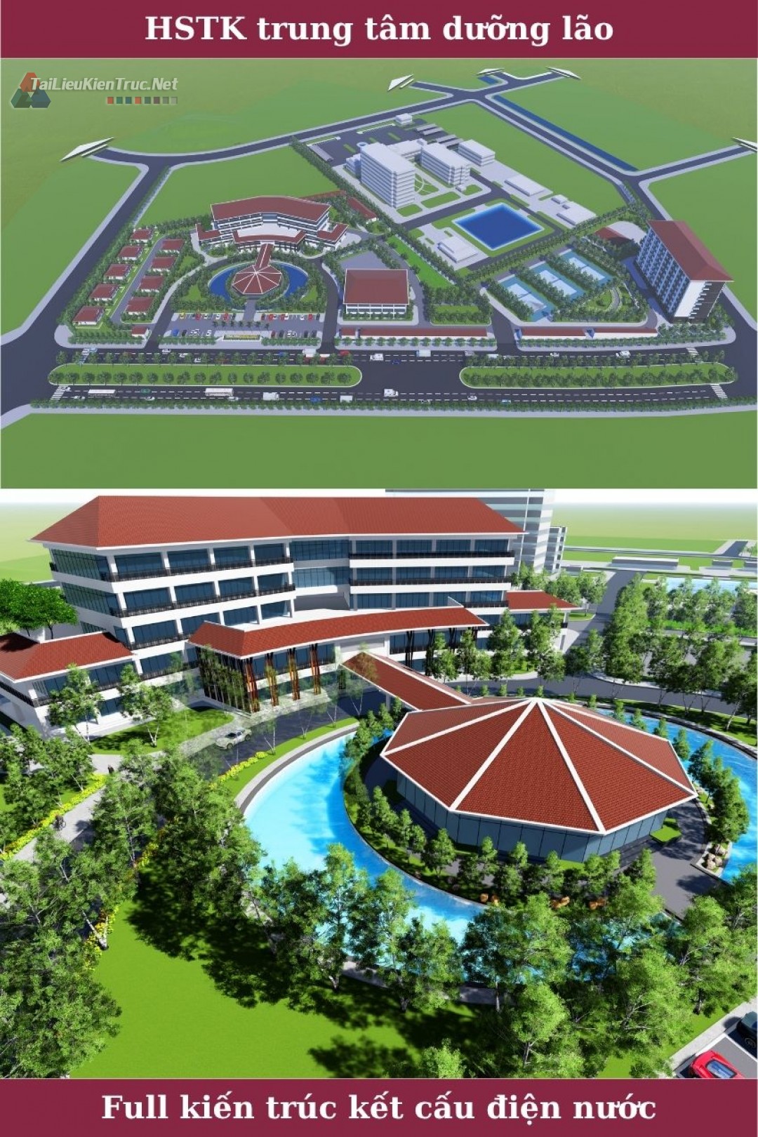 Hồ sơ thiết kế trung tâm dưỡng lão full kiến trúc kết cấu điện nước phối cảnh sketchup