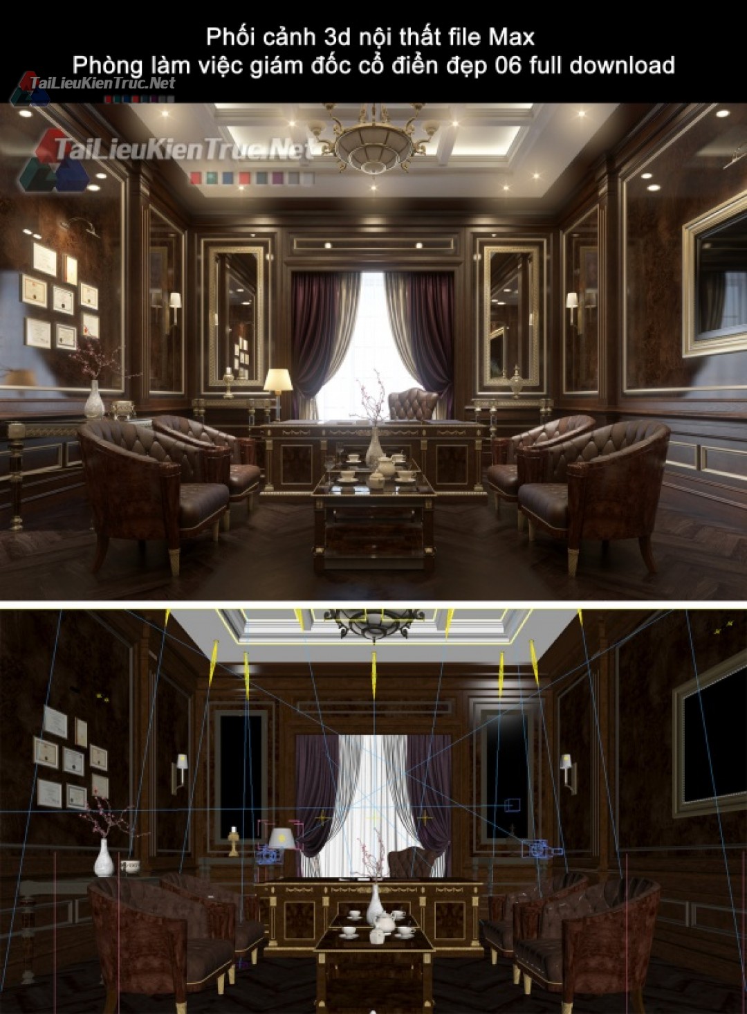 Phối cảnh 3d nội thất file Max Phòng làm việc giám đốc cổ điển đẹp 06 full download