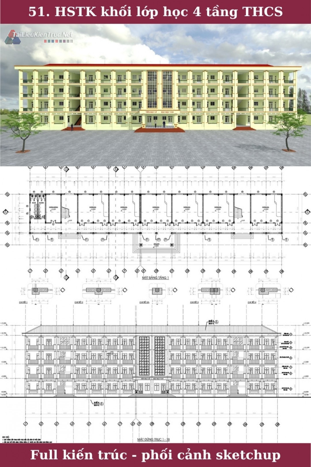 Hồ sơ thiết kế bản vẽ autocad nhà lớp học 4 tầng trường THCS Xuân Hòa diện tích 12.7x63.2m full kiến trúc