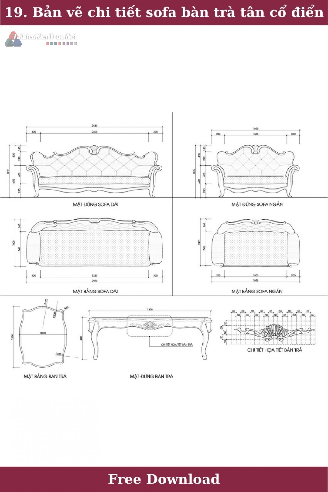 19. Bản vẽ chi tiết sofa bàn trà cổ điển miễn phí