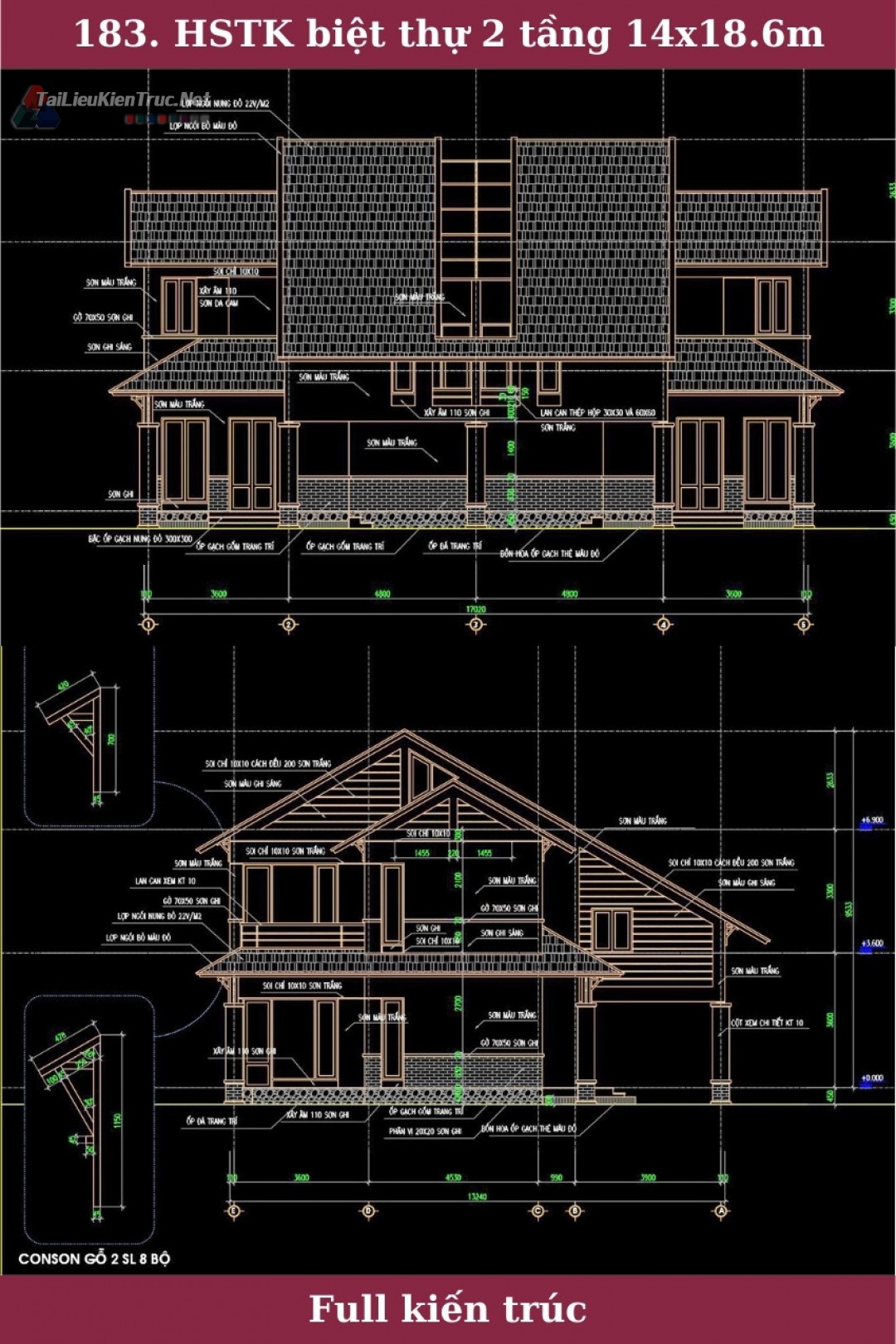 Hồ sơ bản vẽ thiết kế nhà biệt thự song lập 2 tầng diện tích 14x18.6m full kiến trúc 183