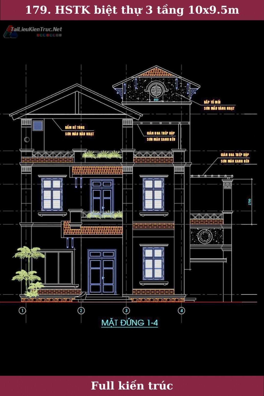 Hồ sơ thiết kế thi công biệt thự 3 tầng kích thước 10x9.5m 0179 full kiến trúc