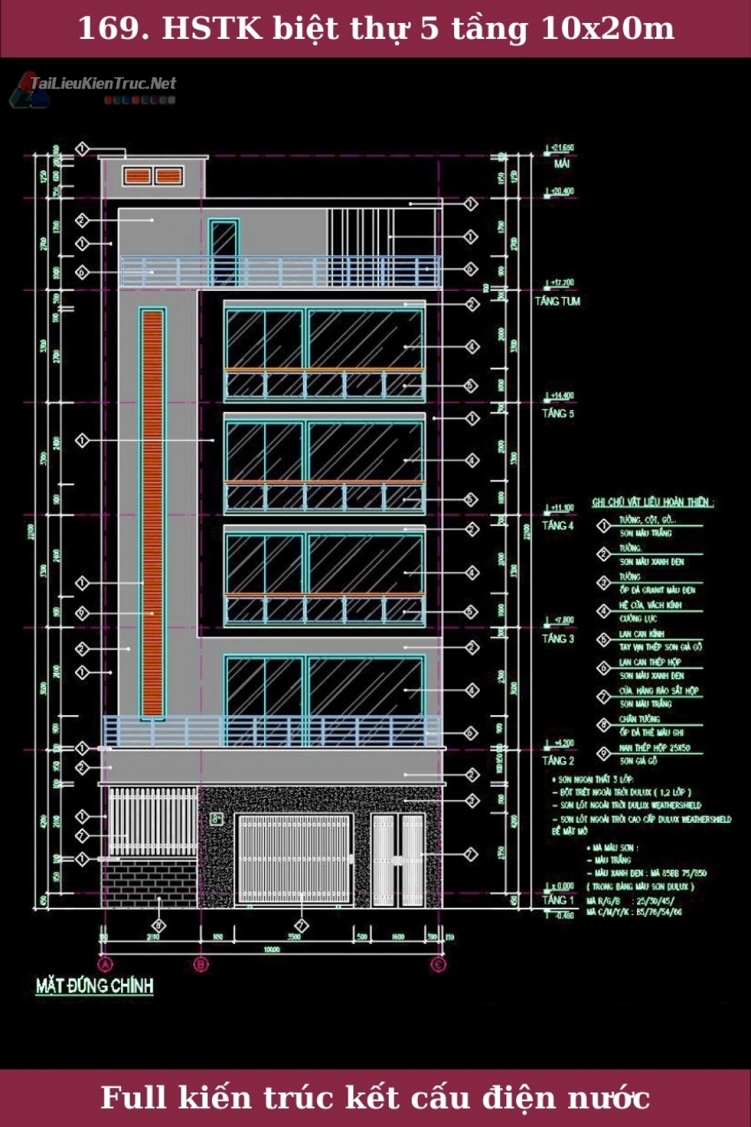 Hồ sơ thiết kế thi công biệt thự 5 tầng kích thước 10x20m 0169 full kiến trúc, kết cấu, điện nước
