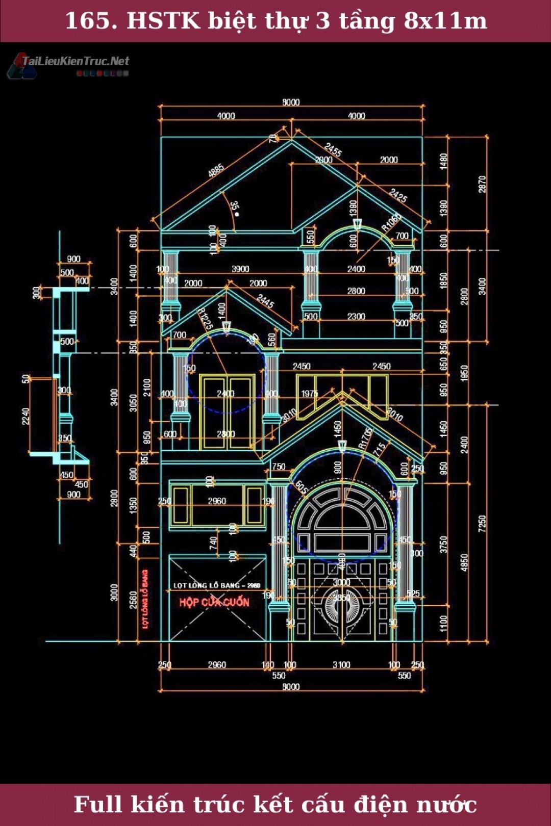 Hồ sơ thiết kế thi công biệt thự 2 tầng 1 lửng kích thước 8x11m 0165 full kiến trúc, kết cấu, điện nước