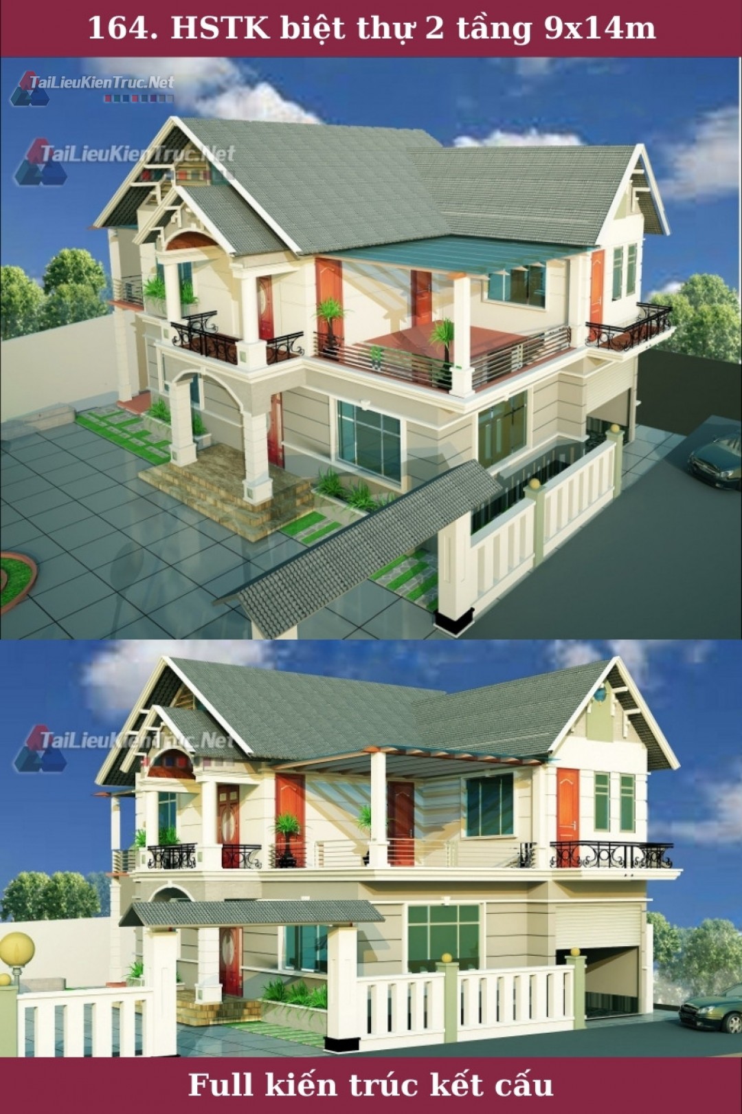 Hồ sơ thiết kế thi công biệt thự 2 tầng kích thước 9x14m 0164 full kiến trúc, kết cấu