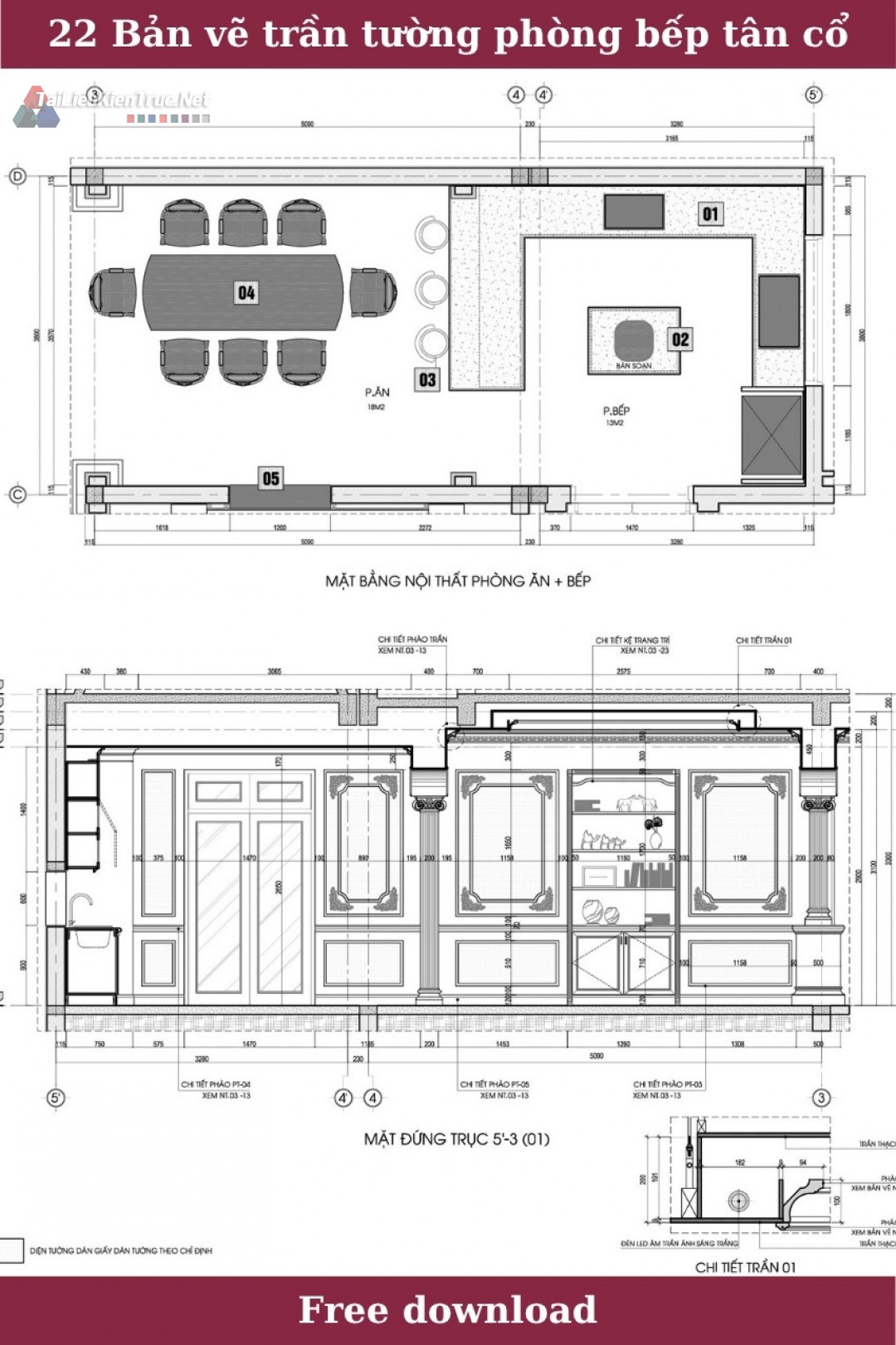 22. Bản vẽ trần tường sàn phòng bếp tân cổ điển miễn phí