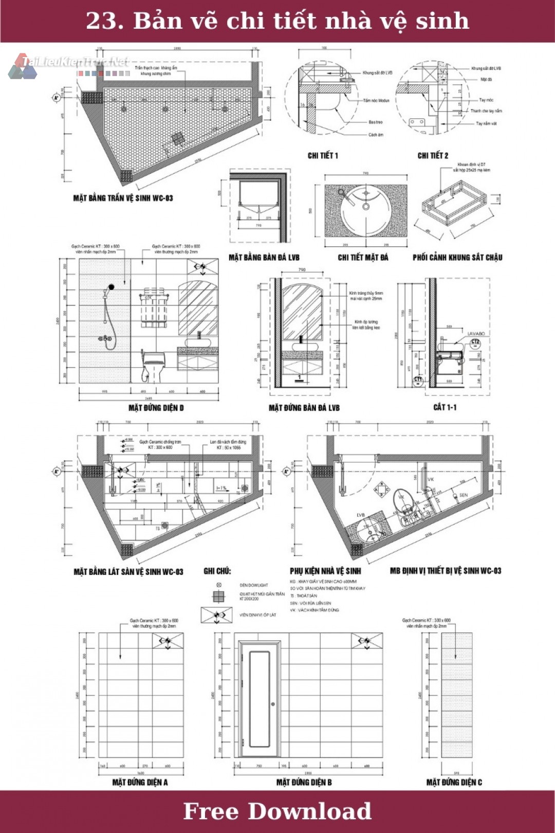 23. Tải miễn phí bản vẽ chi tiết vệ sinh hình tam giác