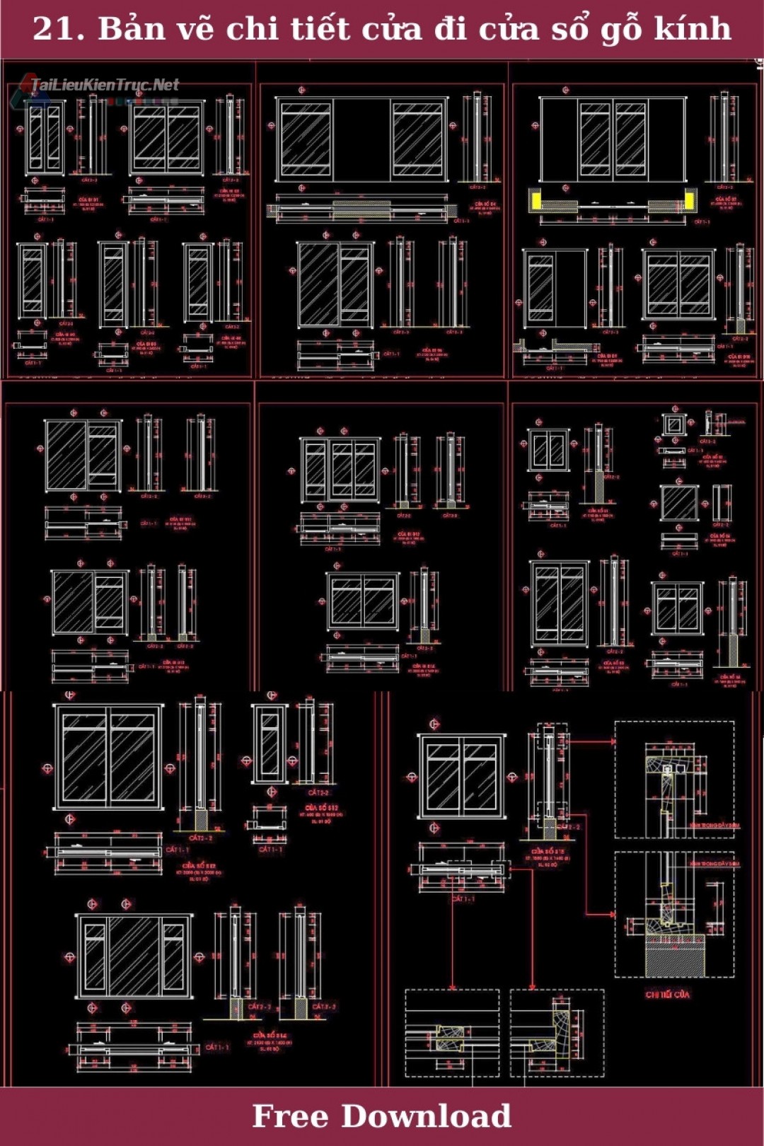 21. Bản vẽ chi tiết cửa đi cửa sổ gỗ kính