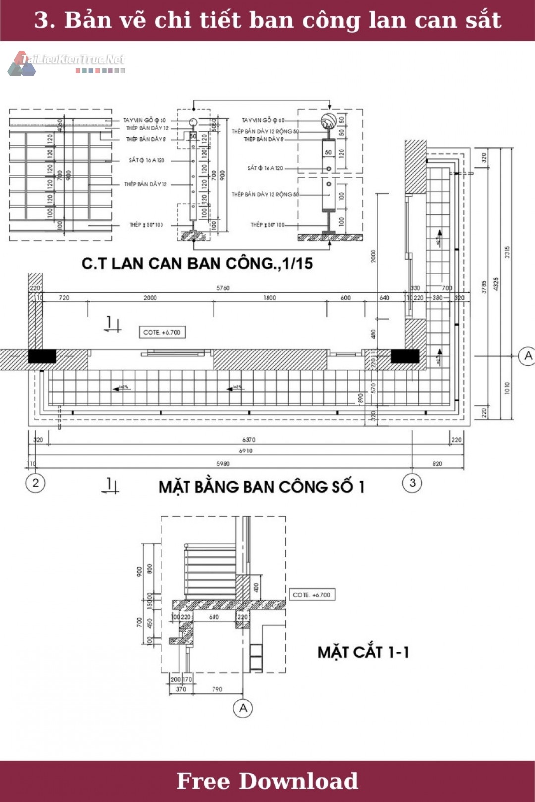 3. Bản vẽ chi tiết ban công lan can sắt miễn phí