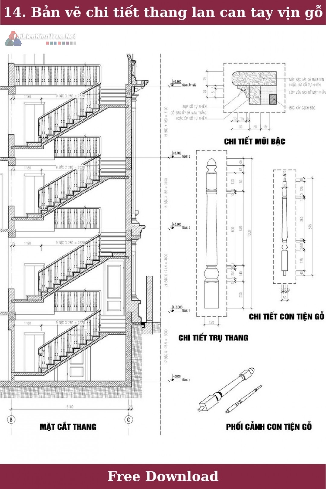 14. Bản vẽ chi tiết thang mặt bậc đá lan can con tiện gỗ tự nhiên