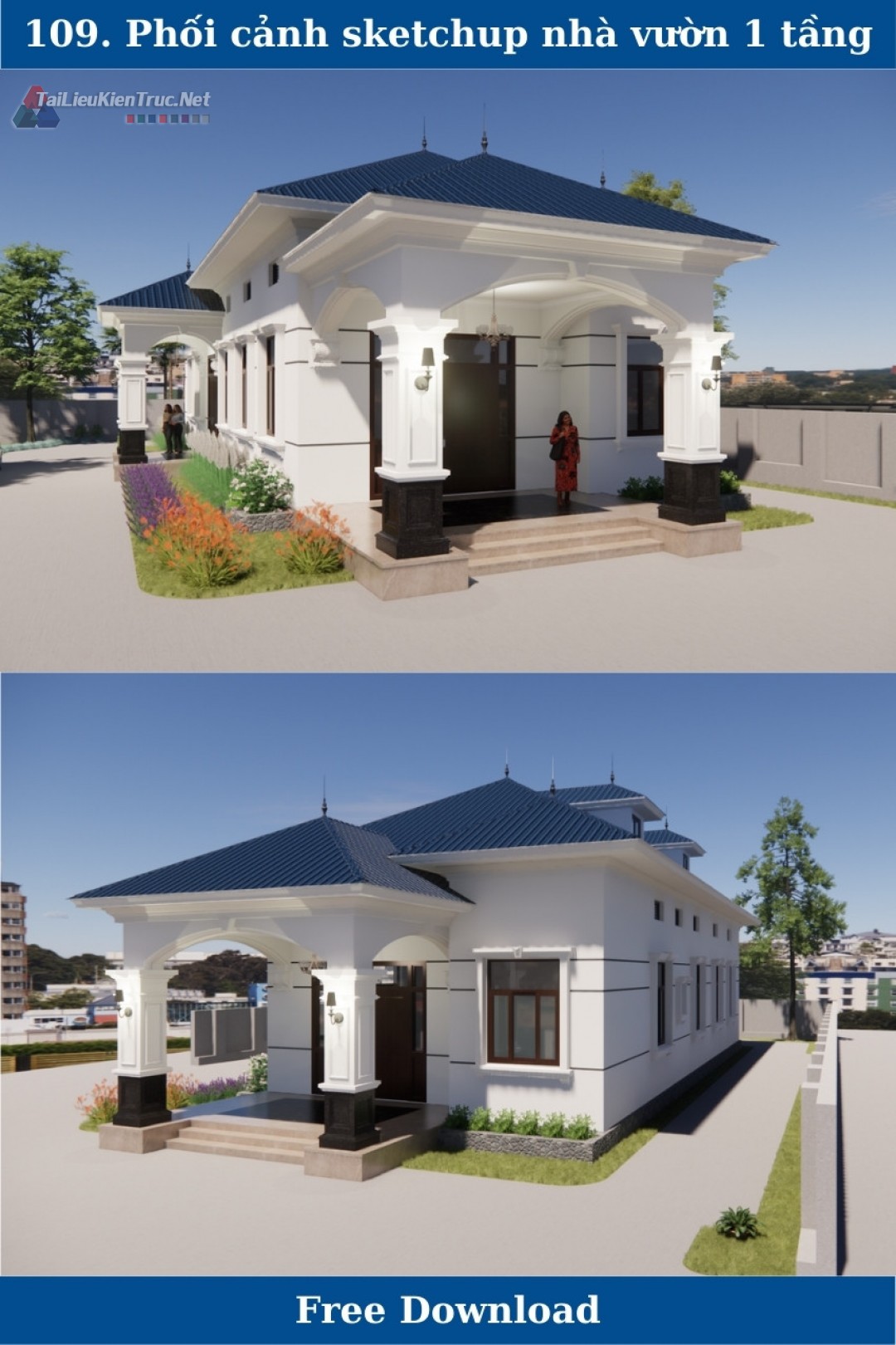 109. Phối cảnh sketchup nhà vườn 1 tầng mái nhật tân cổ điển miễn phí