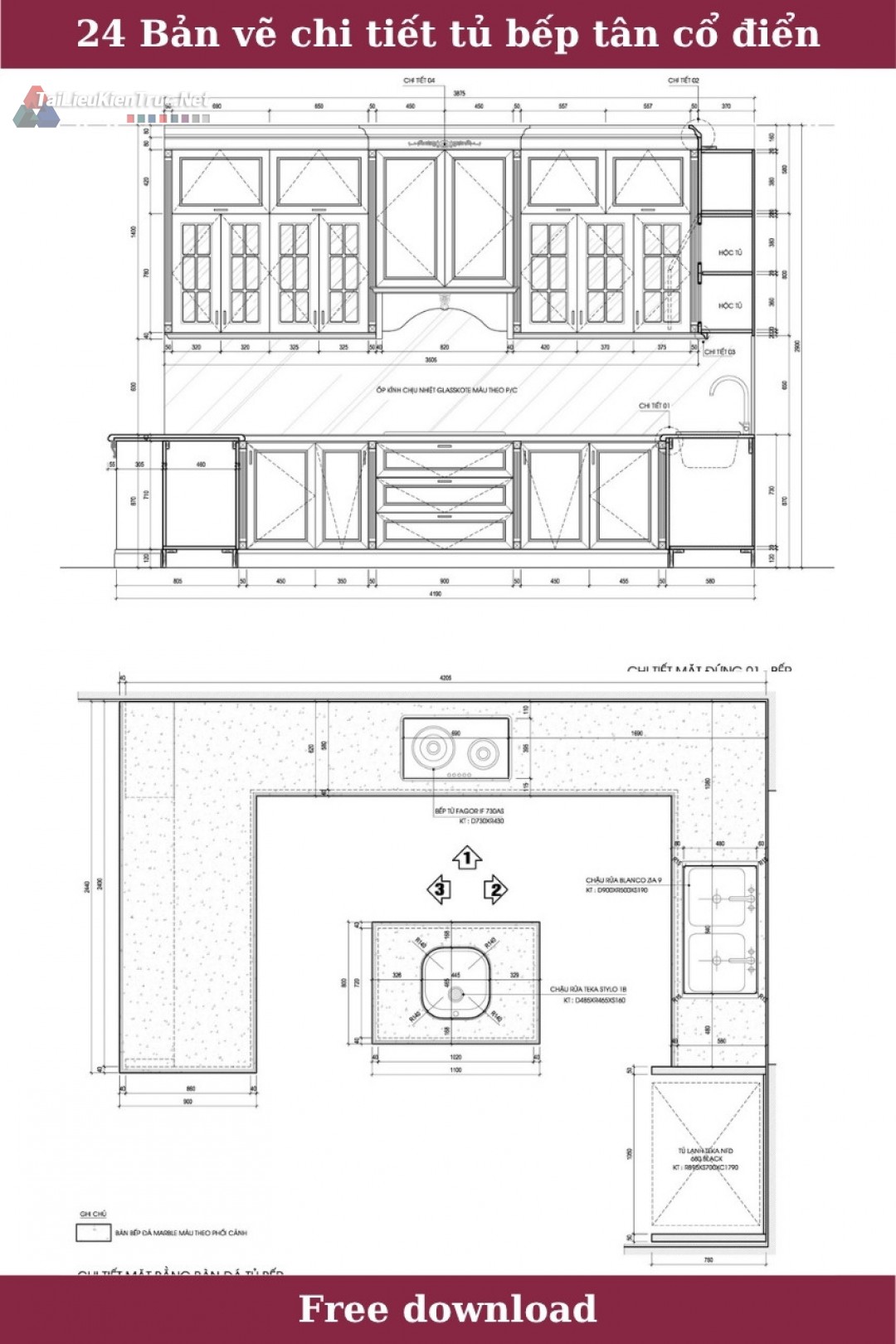 24. Bản vẽ chi tiết tủ bếp tân cổ điển tải miễn phí