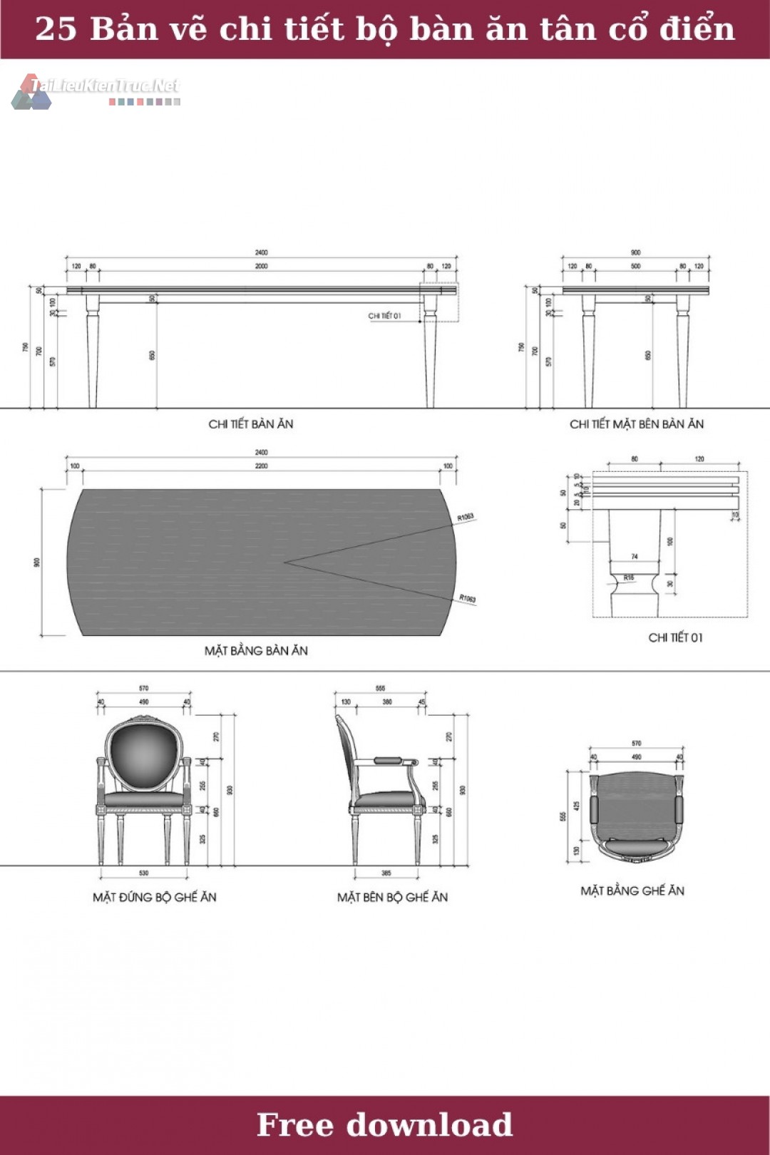 25. Bản vẽ chi tiết bộ bàn ăn tân cổ điển miễn phí tải về