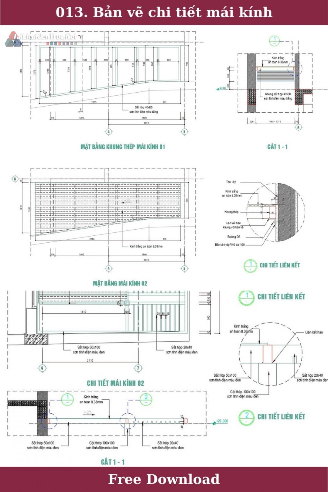 013. Bản vẽ chi tiết mái kính sân thượng tải miễn phí