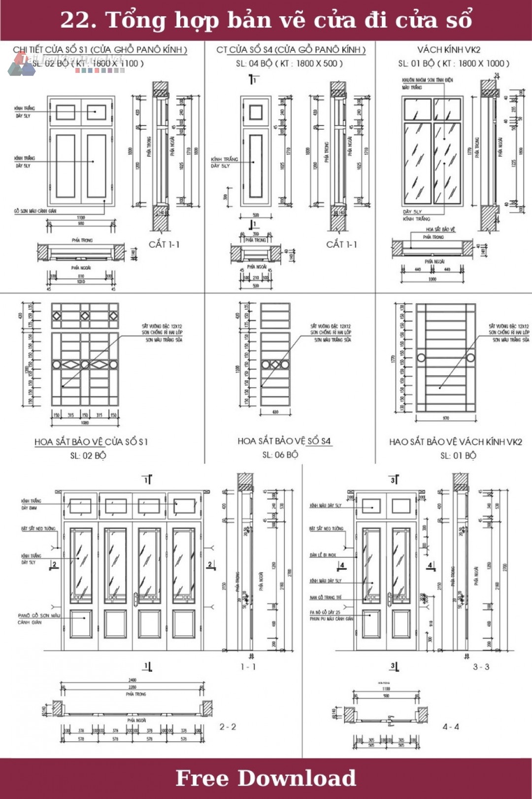 22. Tổng hợp bản vẽ cửa đi cửa sổ miễn phí