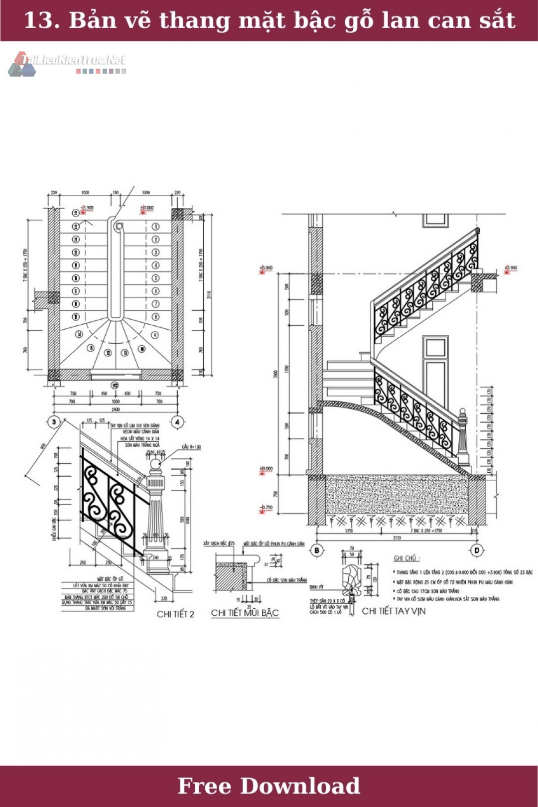 13. Bản vẽ chi tiết thang mặt bậc gỗ lan can sắt mỹ thuật tay vịn gỗ