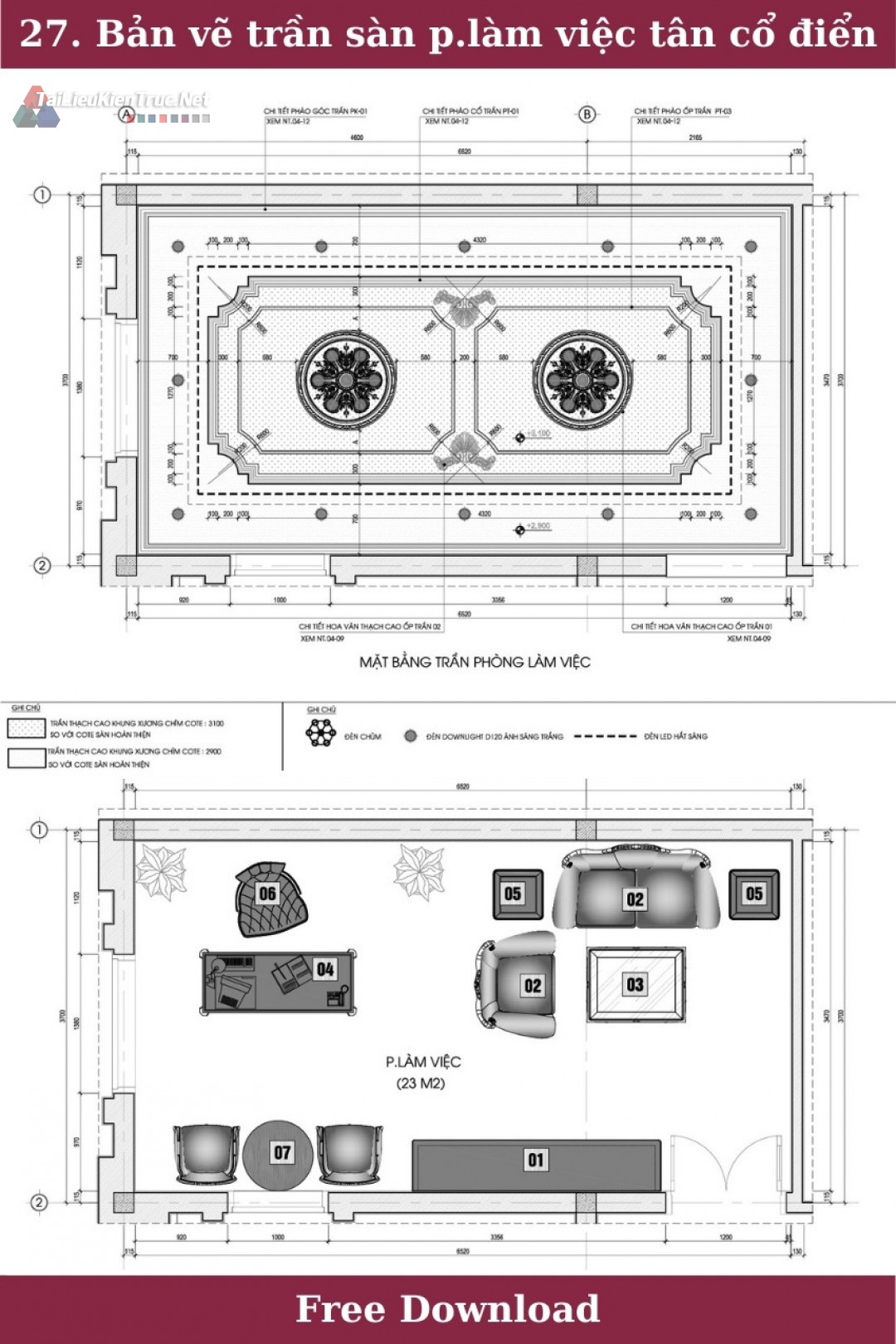 27. Bản vẽ trần sàn phòng làm việc phong cách tân cổ điển miễn phí