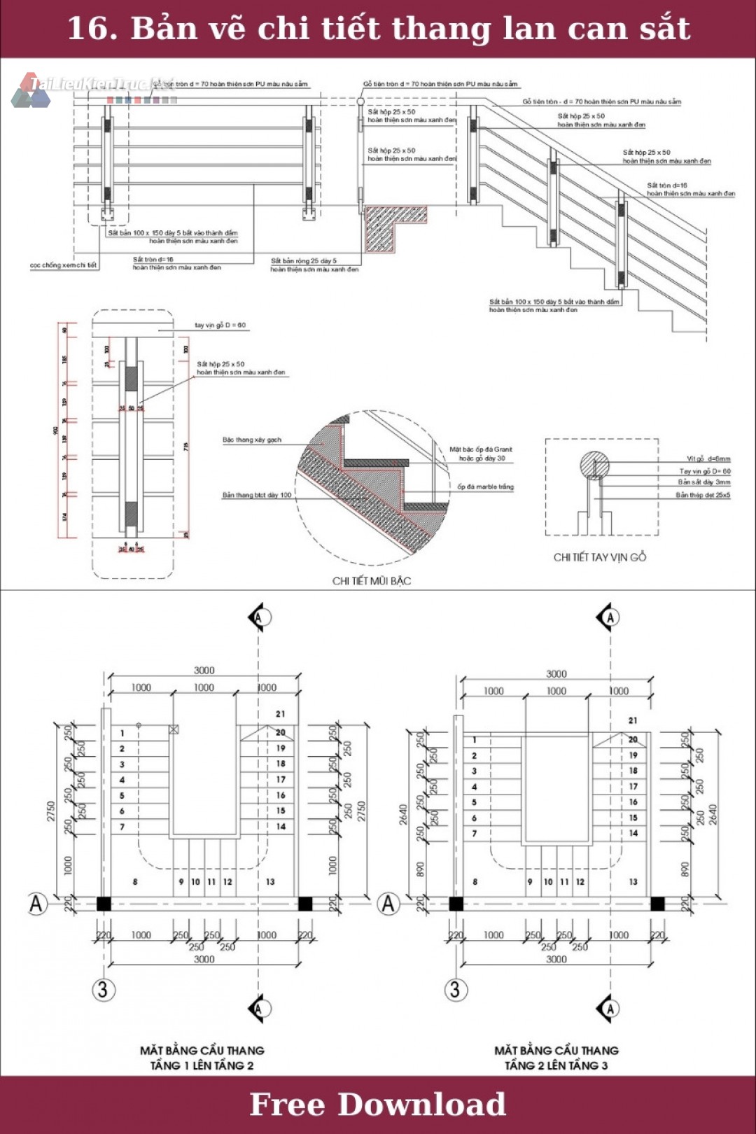 16. Bản vẽ chi tiết thang lan can sắt tay vịn gỗ miễn phí