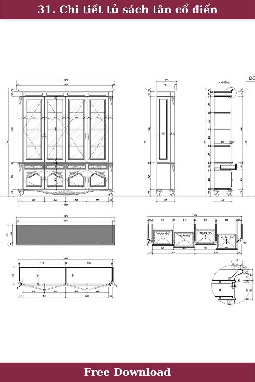 31. Bản vẽ chi tiết tủ sách tân cổ điển miễn phí