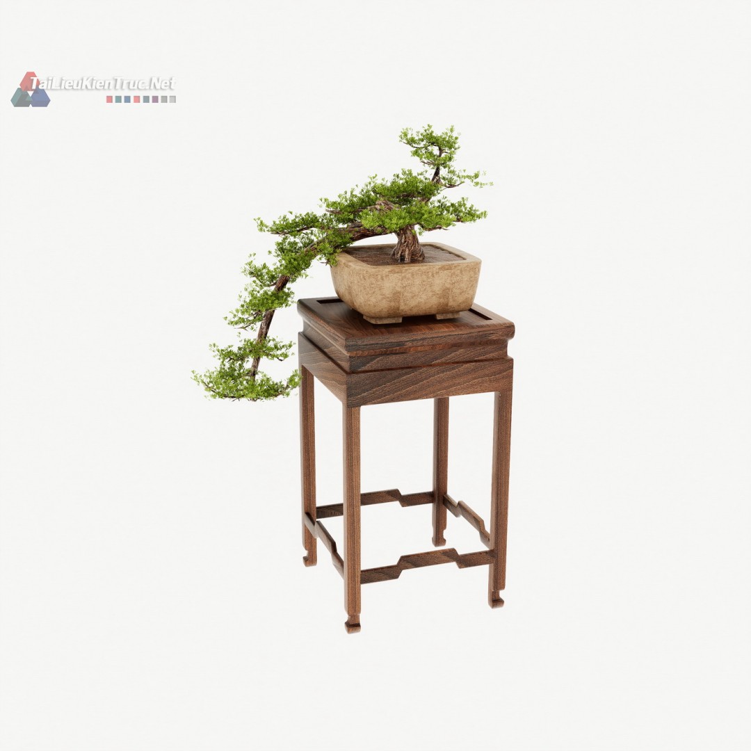 14. Mô hình chậu bonsai dáng thác đổ trên đôn gỗ cổ điển