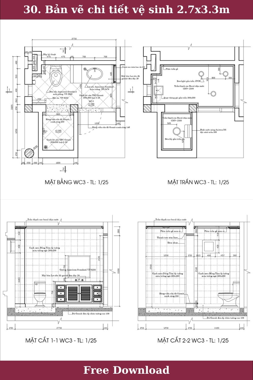 30. Bản vẽ chi tiết vệ sinh 2.7x3.3m