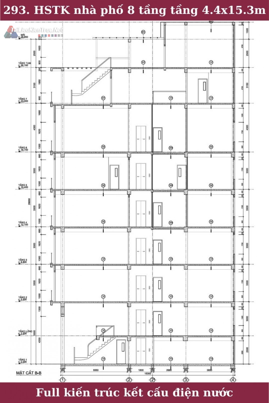 293. Hồ sơ thiết kế nhà phố 8 tầng full kiến trúc kết cấu điện nước pccc