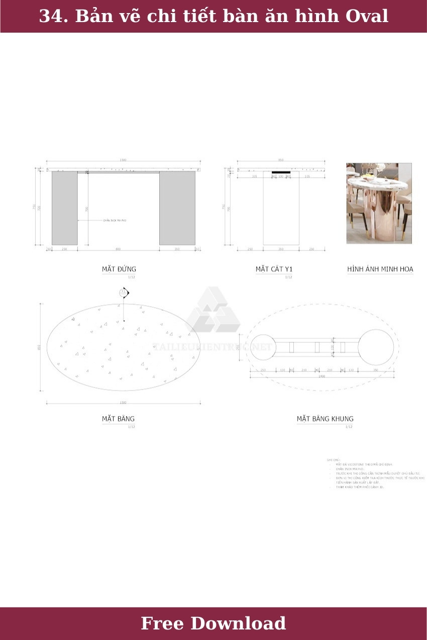 34. Bản vẽ chi tiết bàn ăn hình Oval