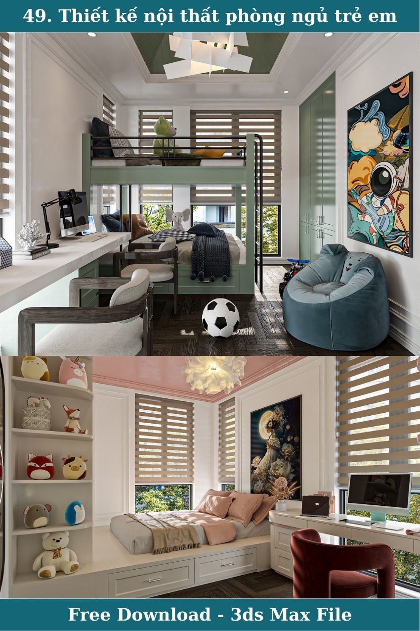 49. Thiết kế nội thất phòng ngủ trẻ em file 3ds max miễn phí