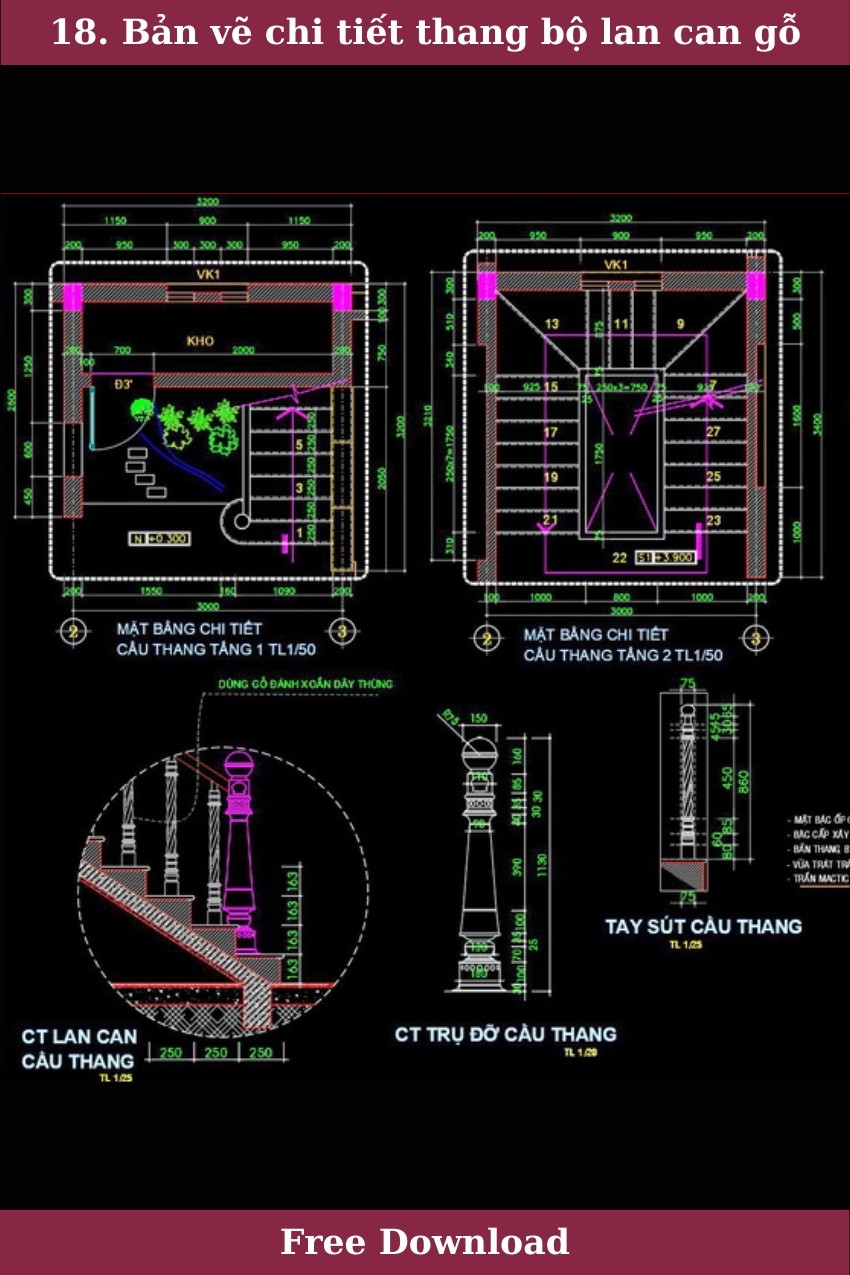 18. Bản vẽ chi tiết thang bộ lan can gỗ
