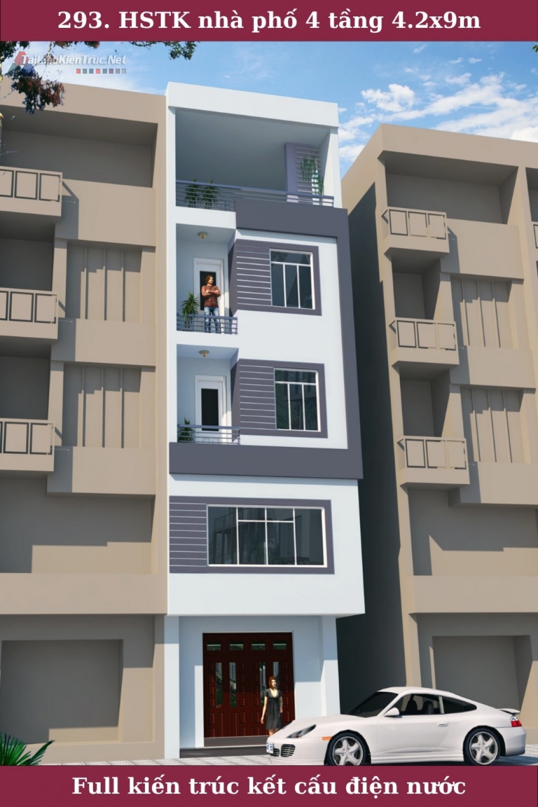 294. Hồ sơ thiết kế nhà phố 4 tầng 4.2x9m đầy đủ kiến trúc, kết cấu, dự toán, điện nước