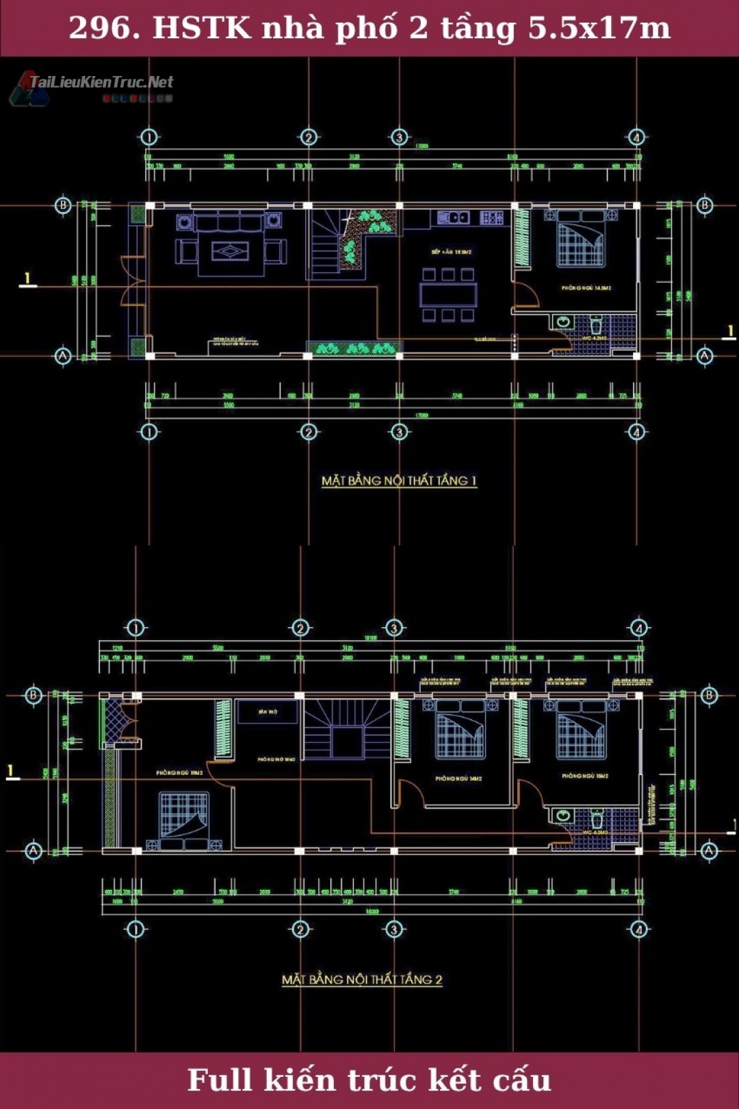 296. Hồ sơ thiết kế nhà phố 2 tầng 5.5x17m phần kiến trúc kết cấu