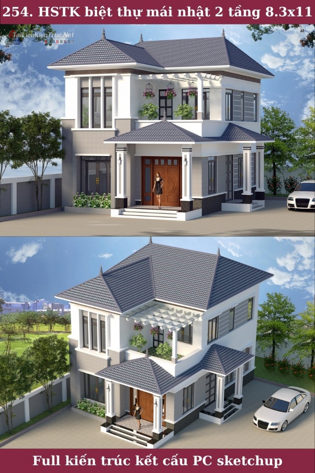 254. Hồ sơ thiết kế biệt thự mái nhật 2 tầng 8.3x11.5m full kiến trúc kết cấu phối cảnh sketchup