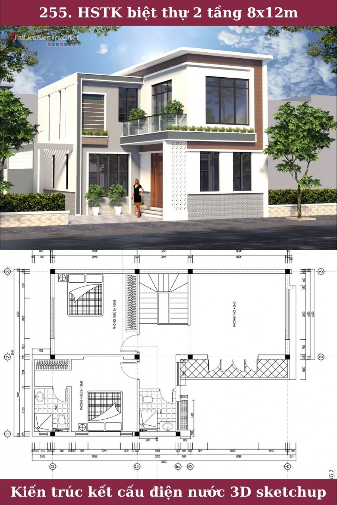 255. Hồ sơ thiết kế biệt thự 2 tầng hiện đại full kiến trúc kết cấu điện nước sketchup
