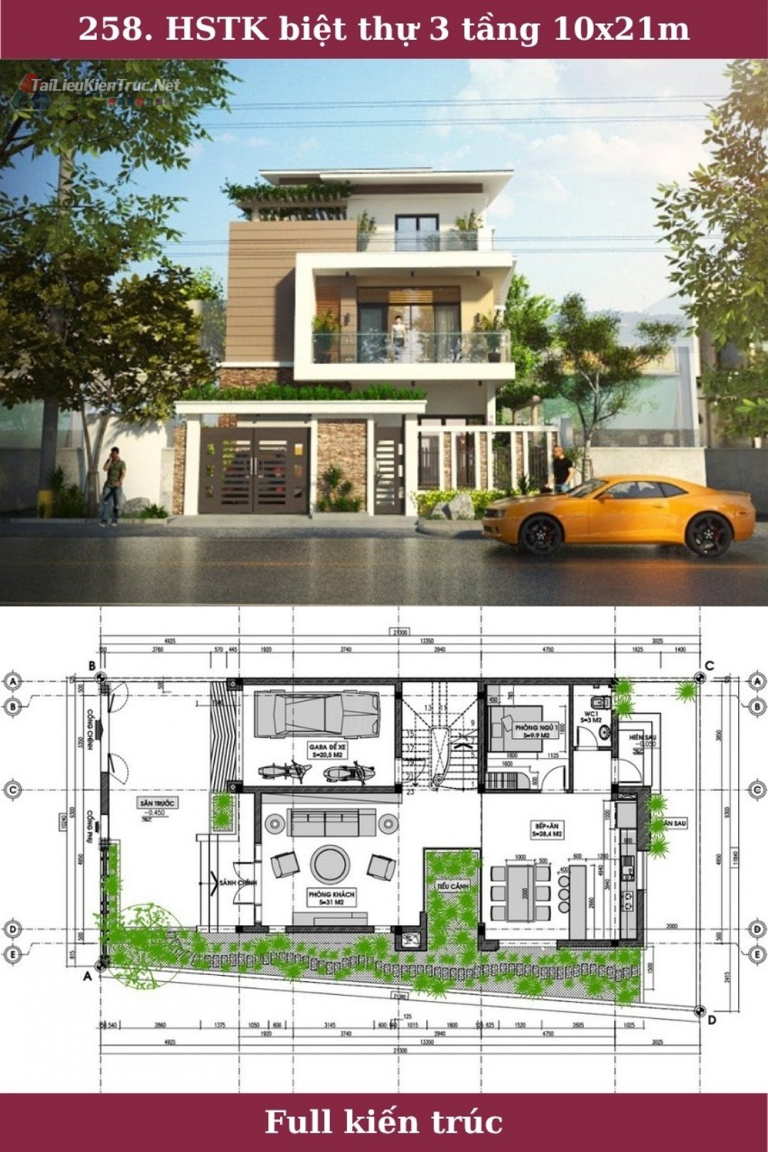 258. Hồ sơ thiết kế biệt thự 3 tầng 10x21m full kiến trúc