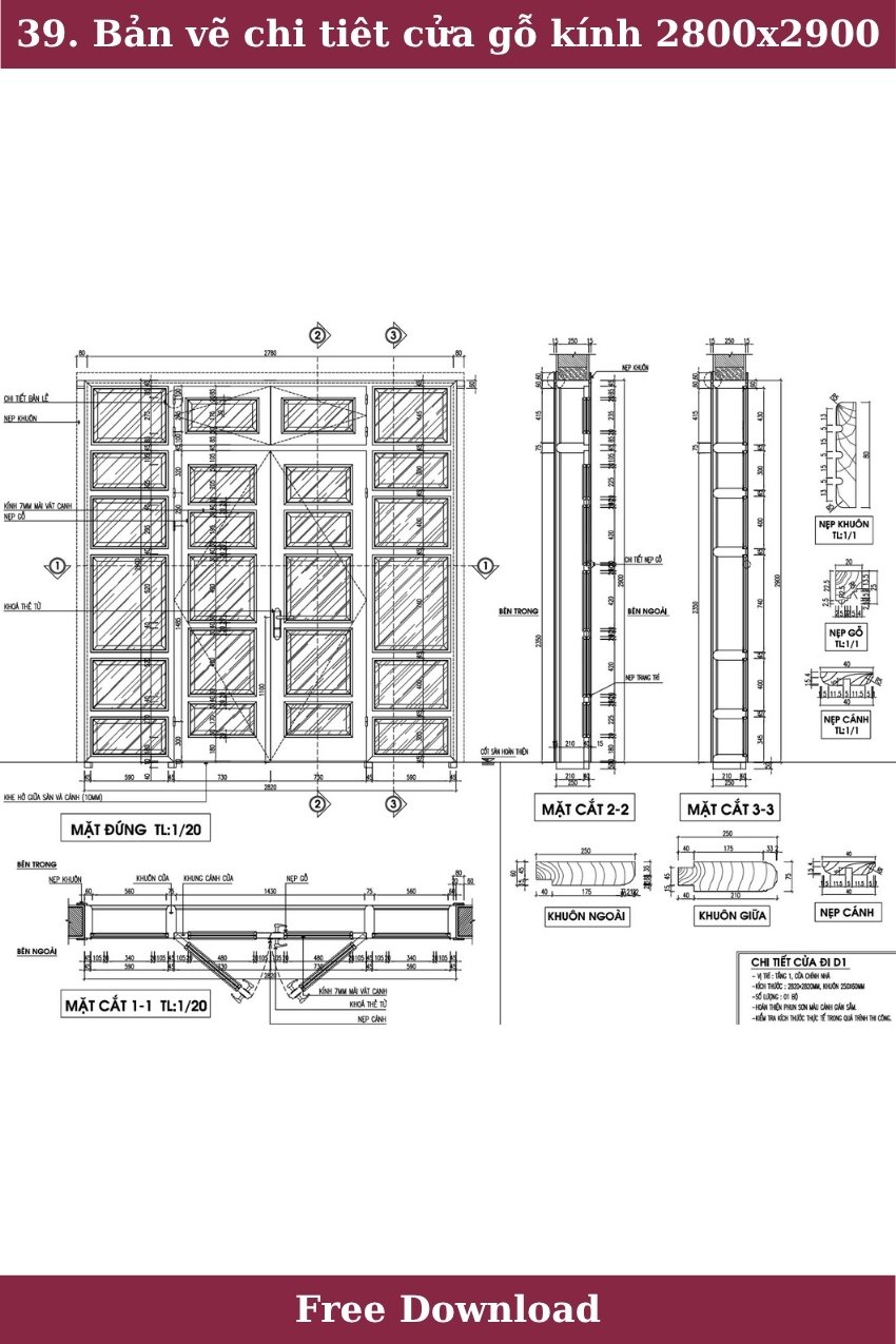 39. Bản vẽ chi tiêt cửa chính gỗ kính 2800x2900