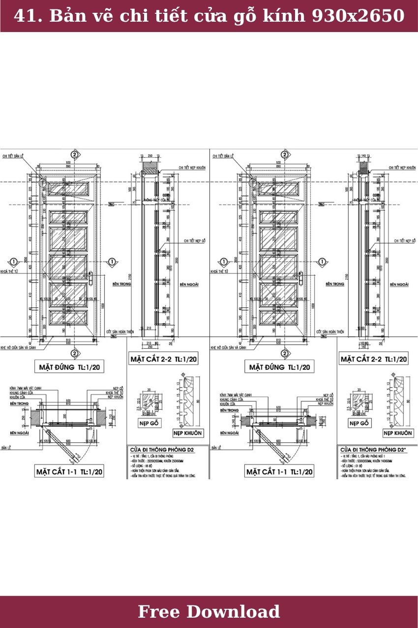 41. Bản vẽ chi tiết cửa gỗ kính 930x2650 tải miễn phí