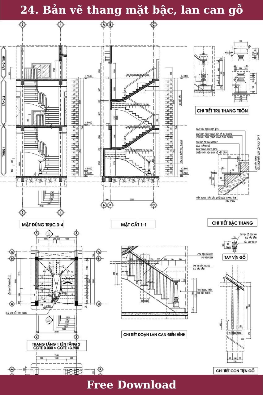 24. Bản vẽ chi tiết thang mặt bậc, lan can gỗ tải miễn phí