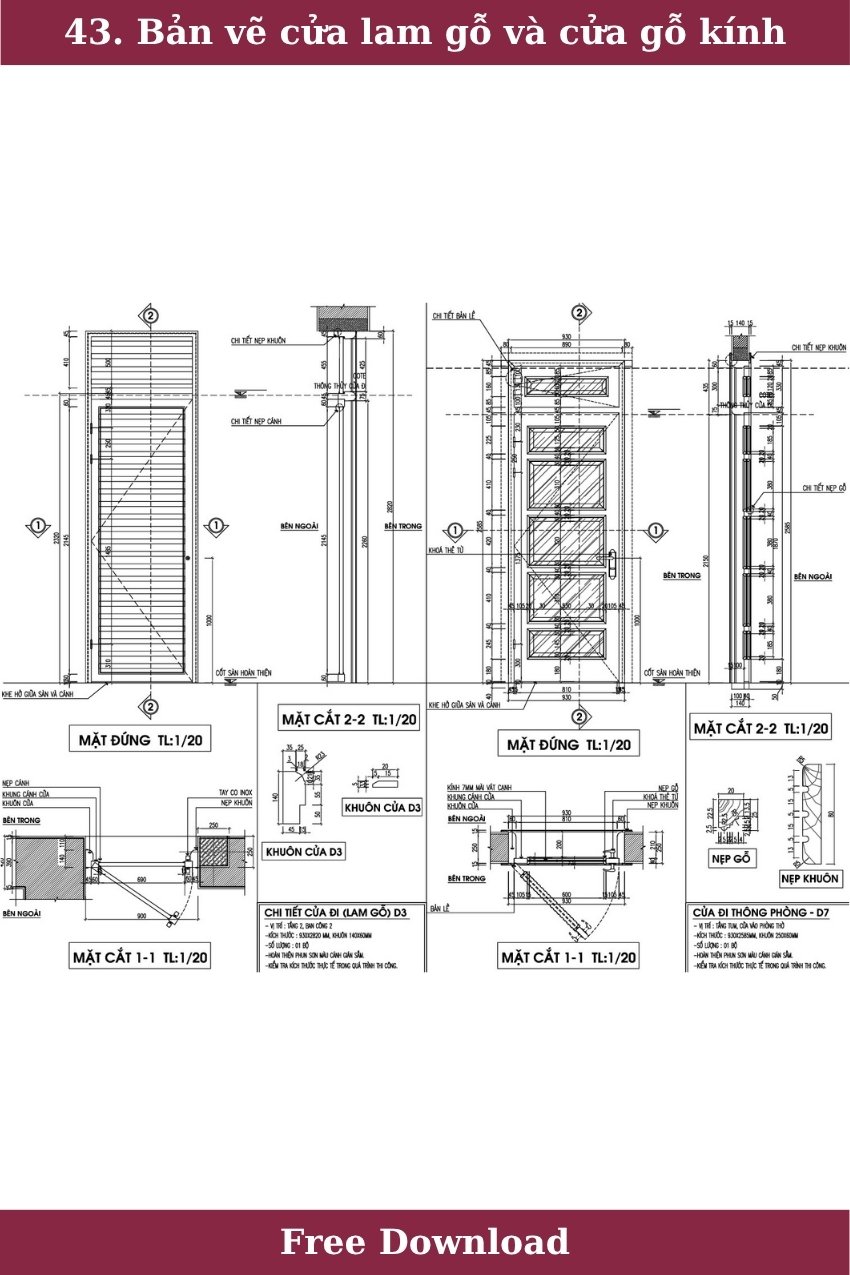 43. Bản vẽ cửa đi lam gỗ và cửa thông phòng gỗ kính miễn phí