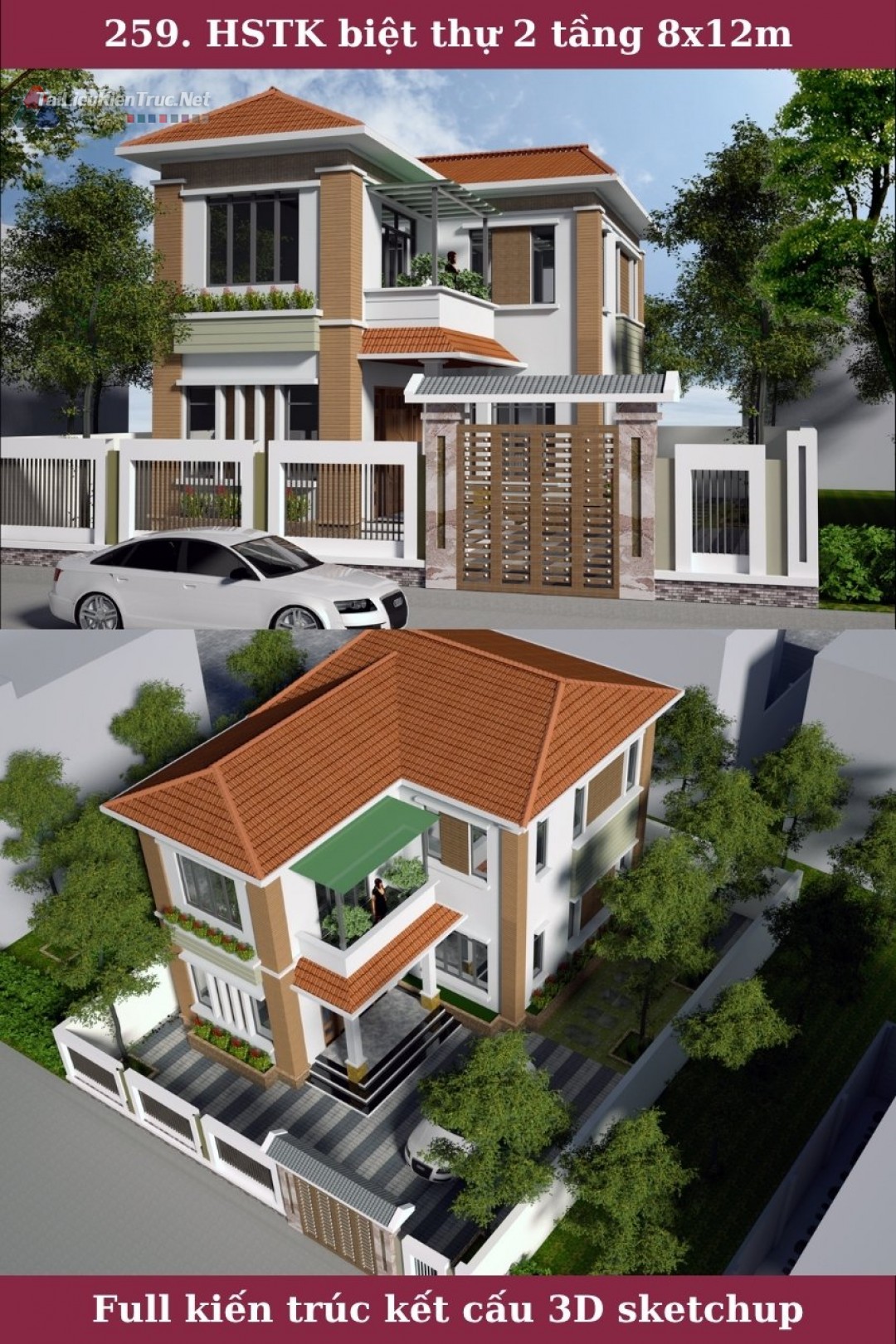 259. Hồ sơ thiết kế biệt thự 2 tầng 8x12m full kiến trúc kết cấu sketchup