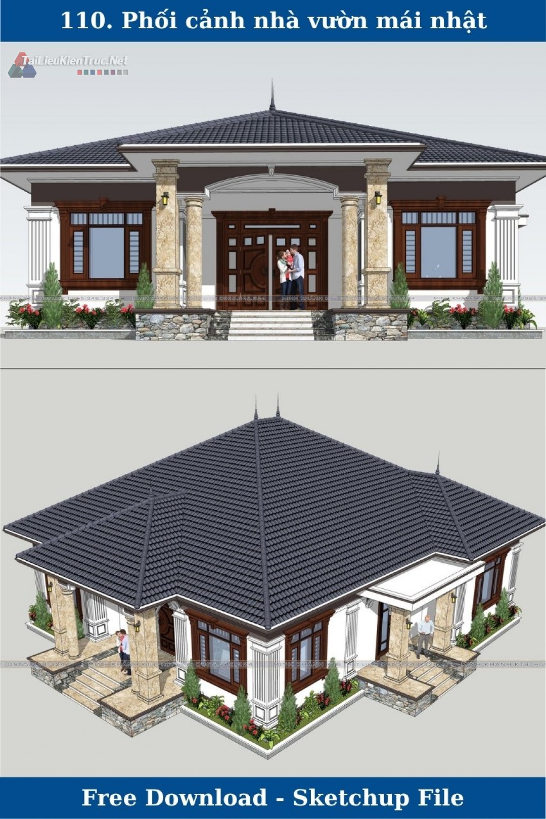 110. Phối cảnh sketchup nhà vườn 1 tầng mái nhật miễn phí tác giả Lê Minh Khánh