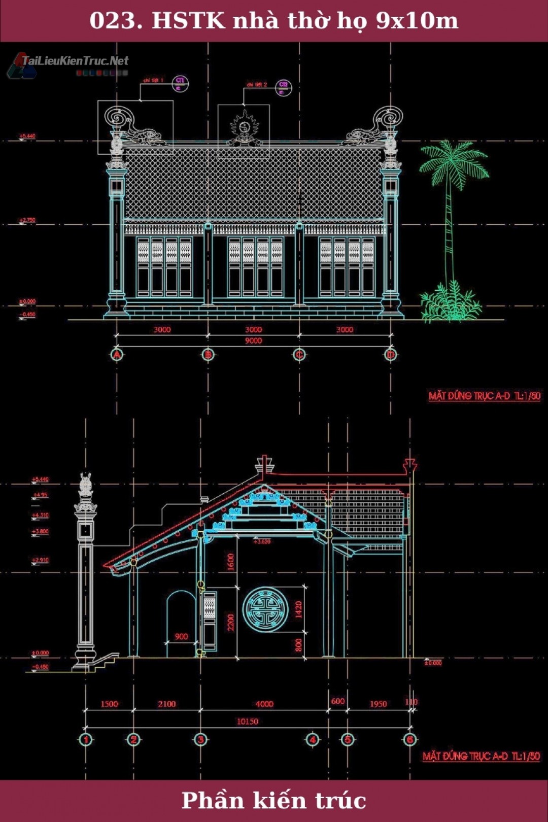 023. Hồ sơ thiết kế nhà thờ họ 3 gian kích thước 9x10m