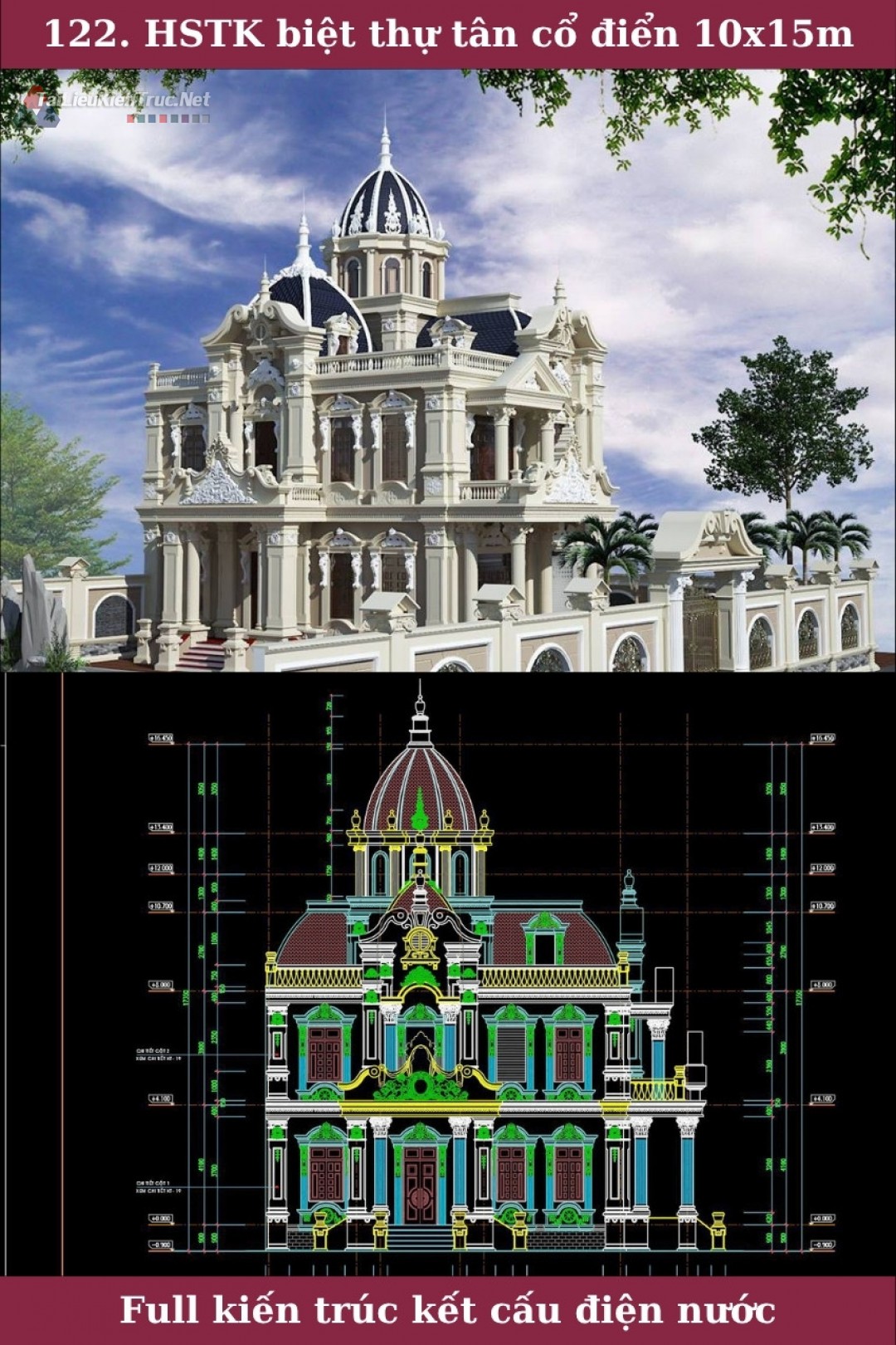  Hồ sơ thiết kế thi công biệt thự tân cổ điển 2 tầng diện tích 10x15m - 0122 full kiến trúc, kết cấu và điện nước
