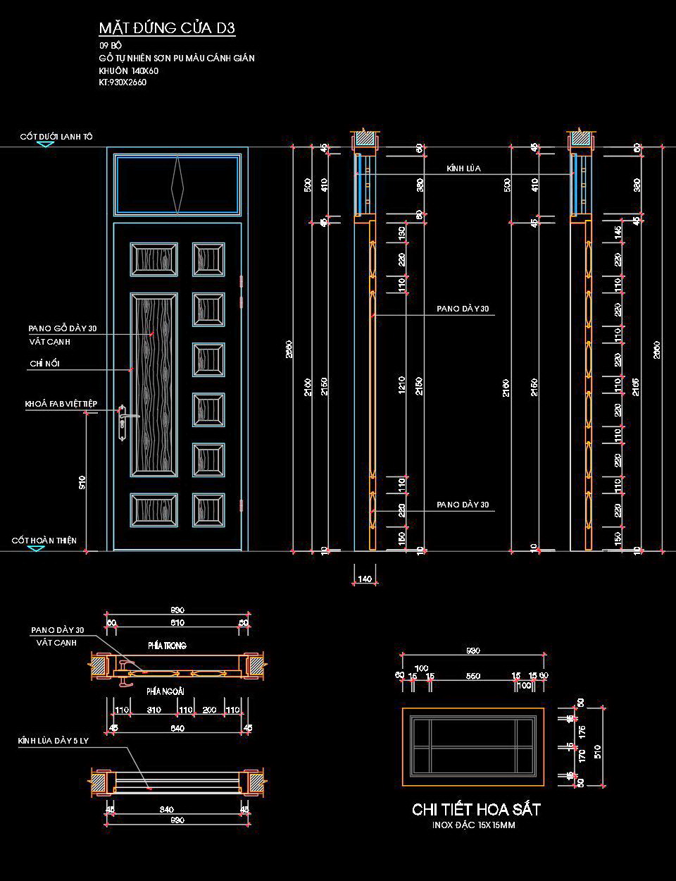 50. Bản vẽ chi tiết cửa gỗ tự nhiên 930x2660 tải miễn phí