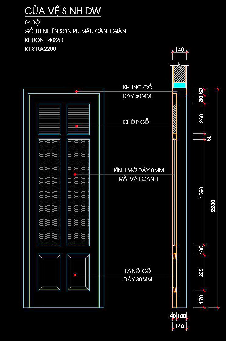 51. Bản vẽ chi tiết cửa vệ sinh 830x2200